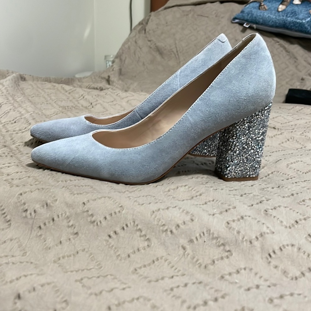 Gray Kid Leather Suede Aldo Bejeweled Heels, Size 8